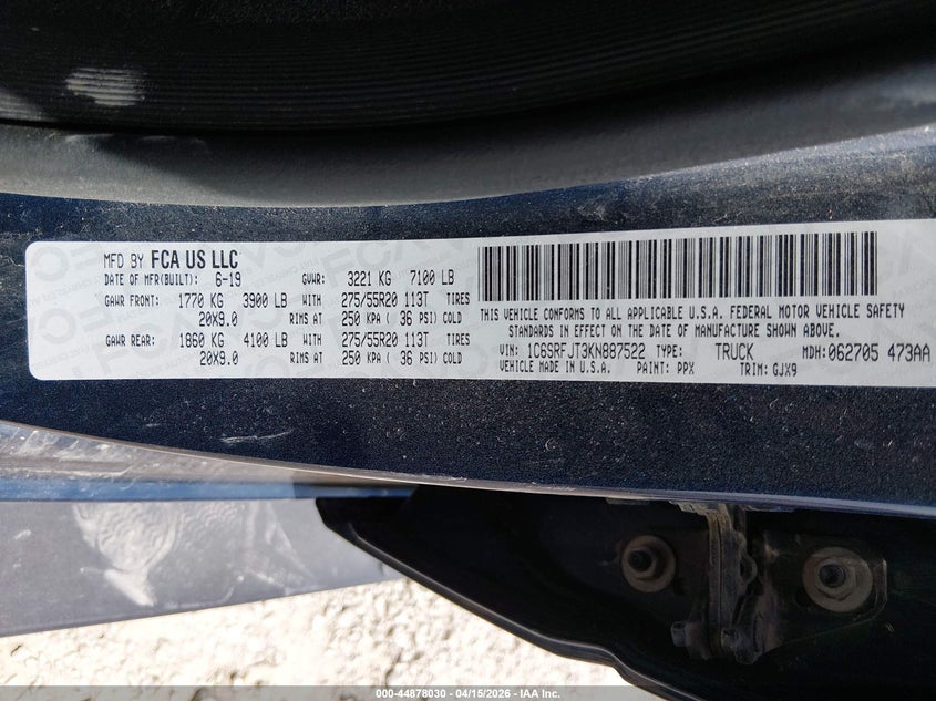 2019 Ram 1500 Laramie 4X4 5'7 Box VIN: 1C6SRFJT3KN887522 Lot: 44878030