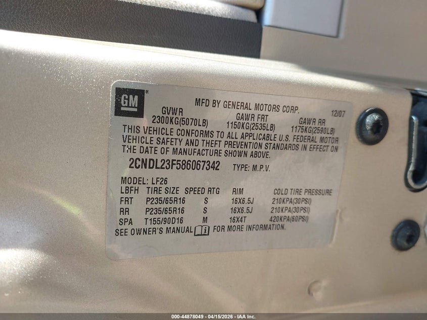 2008 Chevrolet Equinox Ls VIN: 2CNDL23F586067342 Lot: 44878049