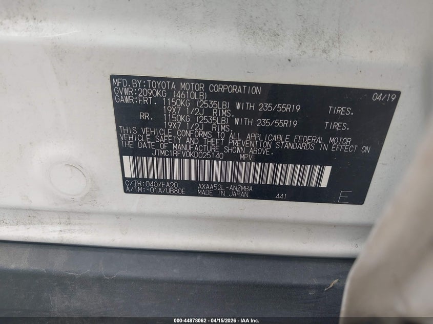 2019 Toyota Rav4 Xle Premium VIN: JTMC1RFV0KD025140 Lot: 44878062