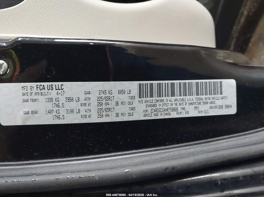 2017 Dodge Grand Caravan Sxt VIN: 2C4RDGCG4HR758826 Lot: 44878068