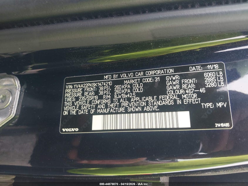 2019 Volvo Xc90 T6 Momentum VIN: YV4A22PK6K1474210 Lot: 44878070