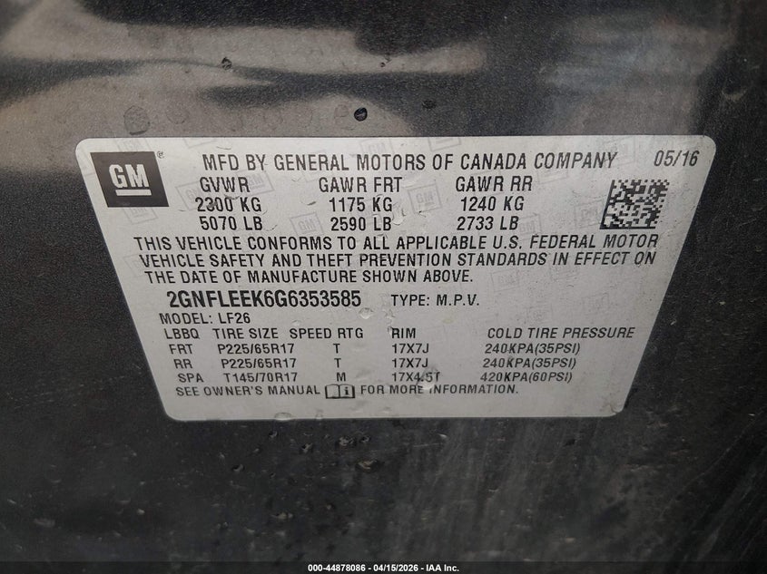 2016 Chevrolet Equinox Ls VIN: 2GNFLEEK6G6353585 Lot: 44878086