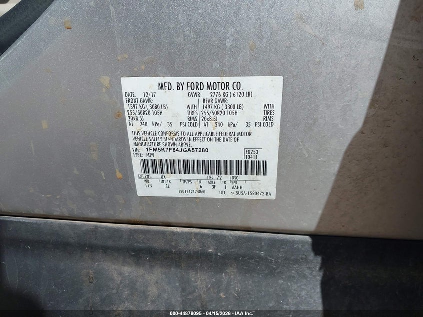 2018 Ford Explorer Limited VIN: 1FM5K7F84JGA57280 Lot: 44878095