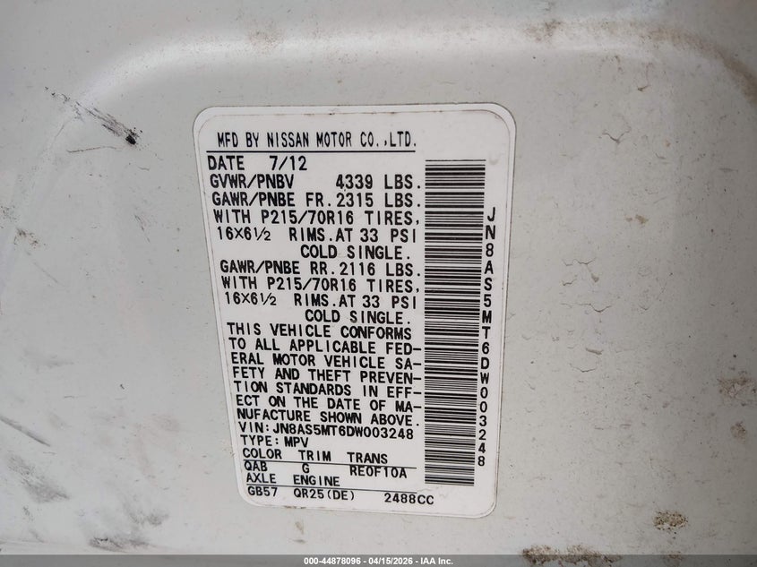 2013 Nissan Rogue S VIN: JN8AS5MT6DW003248 Lot: 44878096