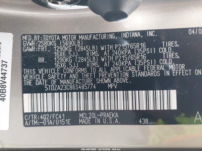 2006 Toyota Sienna Le VIN: 5TDZA23C86S485774 Lot: 44878098