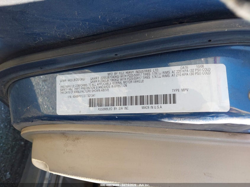 2007 Subaru Outback 2.5I VIN: 4S4BP61C077321341 Lot: 44878099