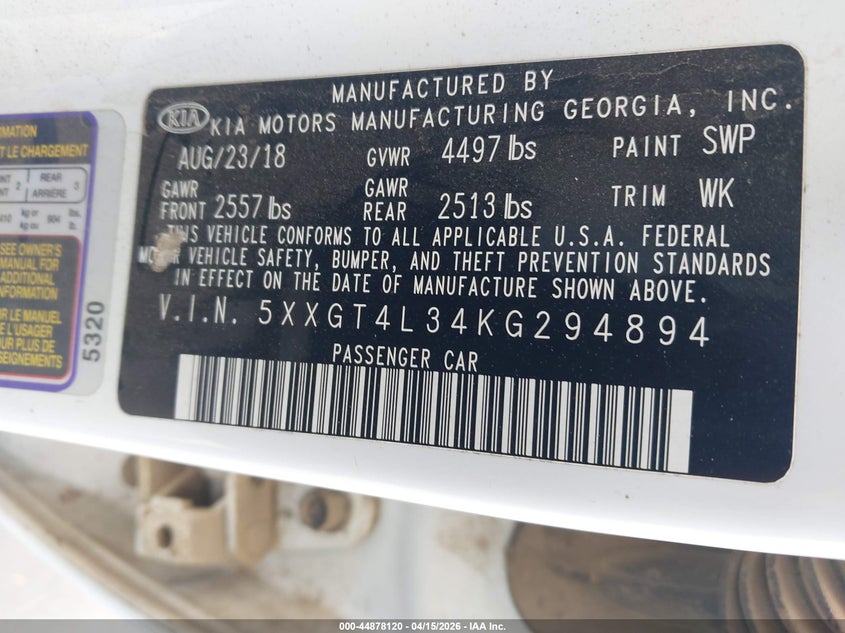 2019 Kia Optima S VIN: 5XXGT4L34KG294894 Lot: 44878120