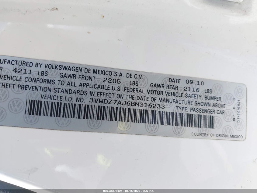 2011 Volkswagen Jetta 2.5L Se VIN: 3VWDZ7AJ6BM316233 Lot: 44878121