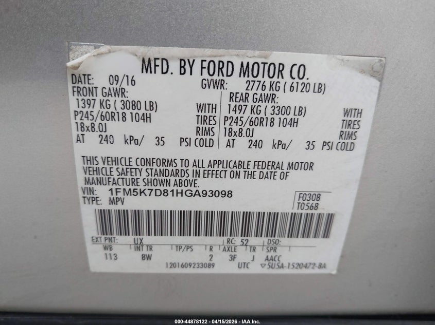 2017 Ford Explorer Xlt VIN: 1FM5K7D81HGA93098 Lot: 44878122