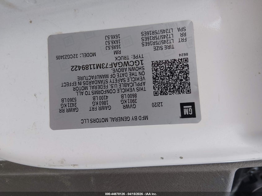 2021 Chevrolet Express Cargo Rwd 2500 Regular Wheelbase Wt VIN: 1GCWGAF73M1189422 Lot: 44878126