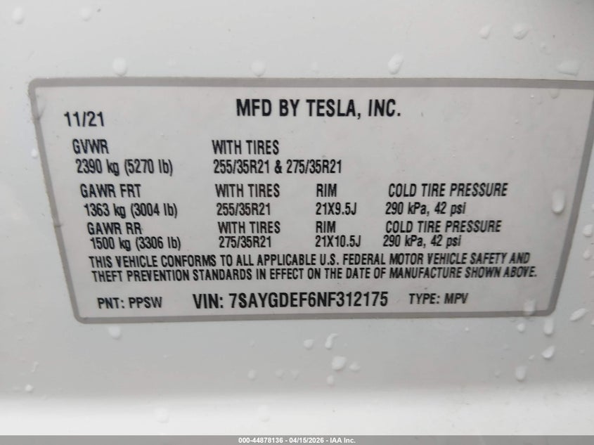 2022 Tesla Model Y Performance Dual Motor All-Wheel Drive VIN: 7SAYGDEF6NF312175 Lot: 44878136