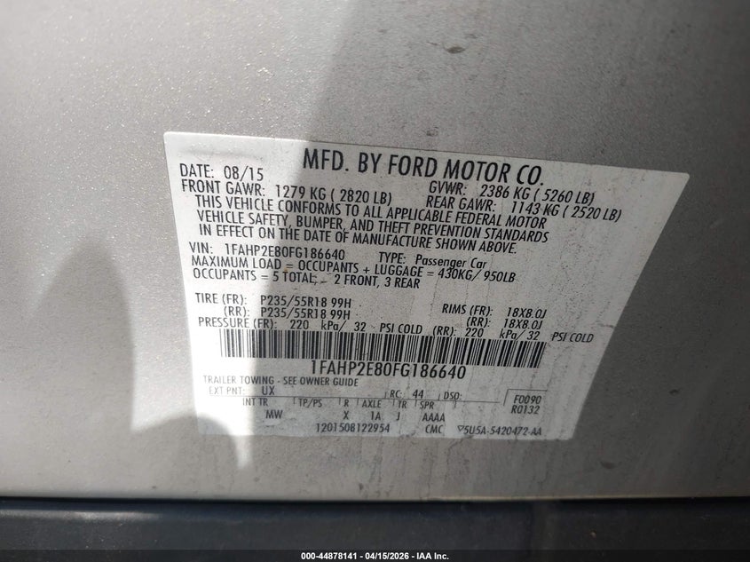 2015 Ford Taurus Sel VIN: 1FAHP2E80FG186640 Lot: 44878141