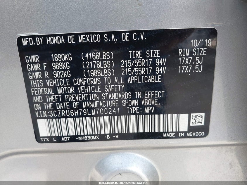 2020 Honda Hr-V Awd Ex-L VIN: 3CZRU6H79LM700241 Lot: 44878145