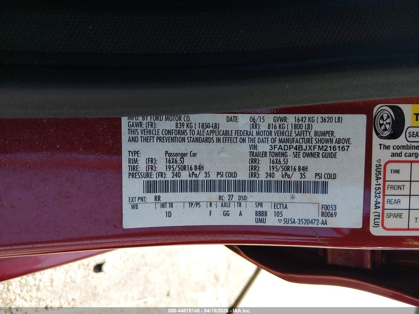 2015 Ford Fiesta Se VIN: 3FADP4BJXFM216167 Lot: 44878146