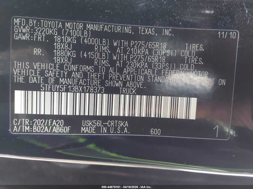 2011 Toyota Tundra Grade 5.7L V8 VIN: 5TFUY5F13BX178373 Lot: 44878161