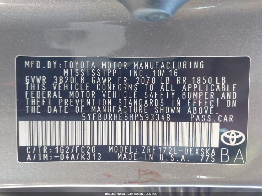 2017 Toyota Corolla Se VIN: 5YFBURHE6HP593348 Lot: 44878163