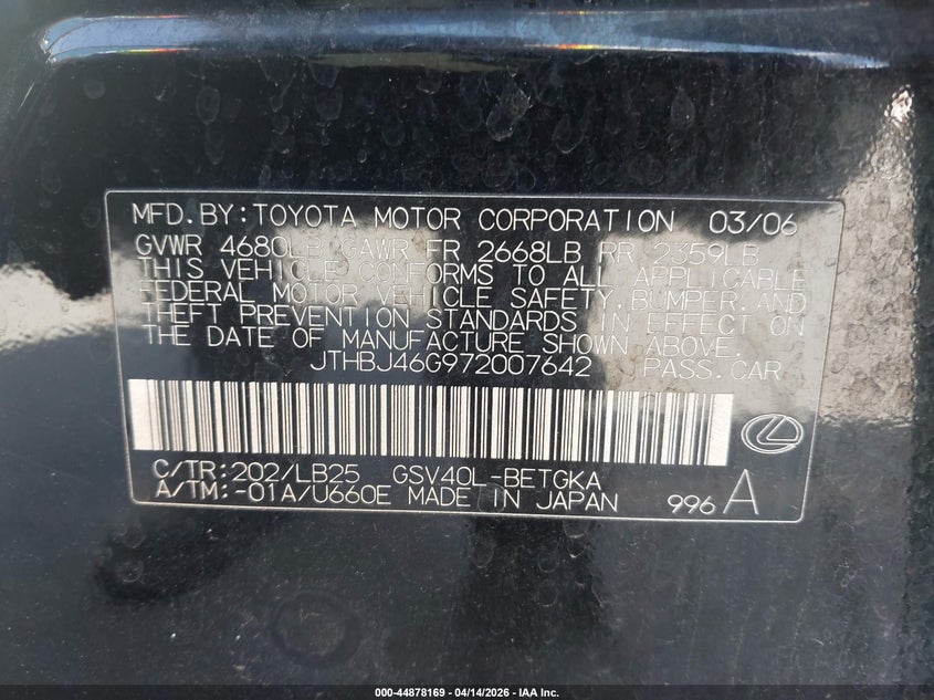 2007 Lexus Es 350 VIN: JTHBJ46G972007642 Lot: 44878169