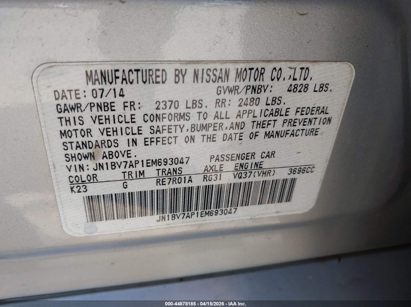 2014 Infiniti Q50 Premium VIN: JN1BV7AP1EM693047 Lot: 44878185