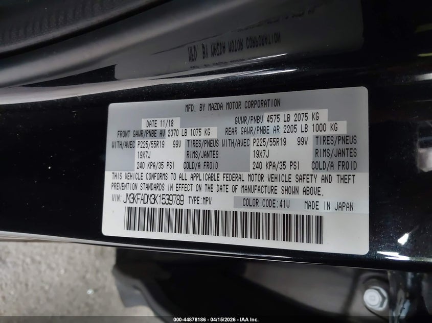 2019 Mazda Cx-5 Grand Touring VIN: JM3KFADM3K1539789 Lot: 44878186