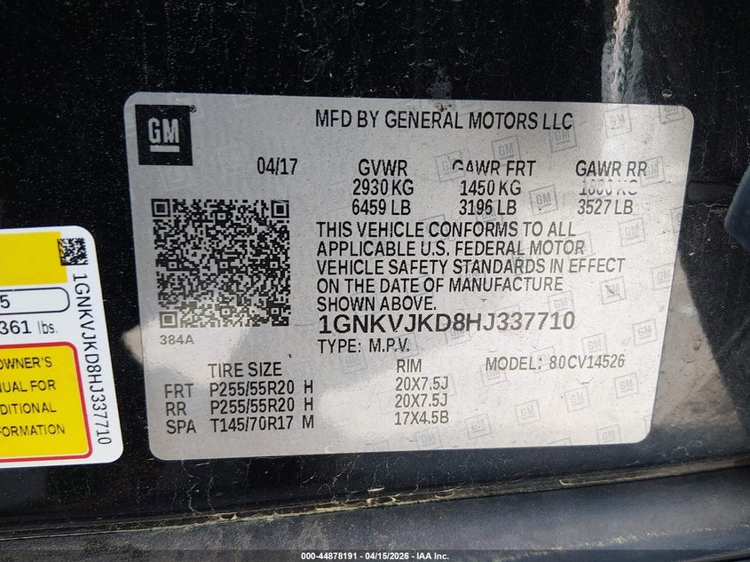 2017 Chevrolet Traverse Premier VIN: 1GNKVJKD8HJ337710 Lot: 44878191