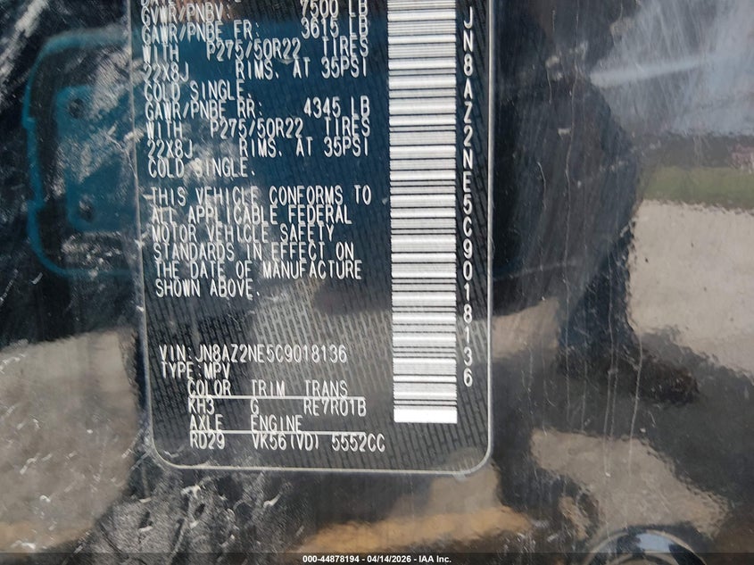 2012 Infiniti Qx56 VIN: JN8AZ2NE5C9018136 Lot: 44878194