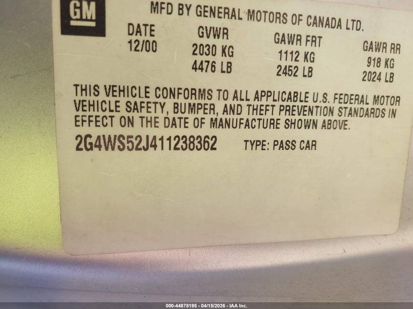 2001 Buick Century Custom VIN: 2G4WS52J411238362 Lot: 44878195