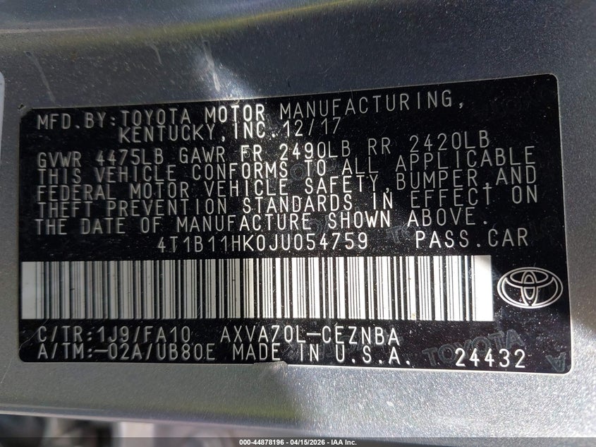 2018 Toyota Camry Le VIN: 4T1B11HK0JU054759 Lot: 44878196