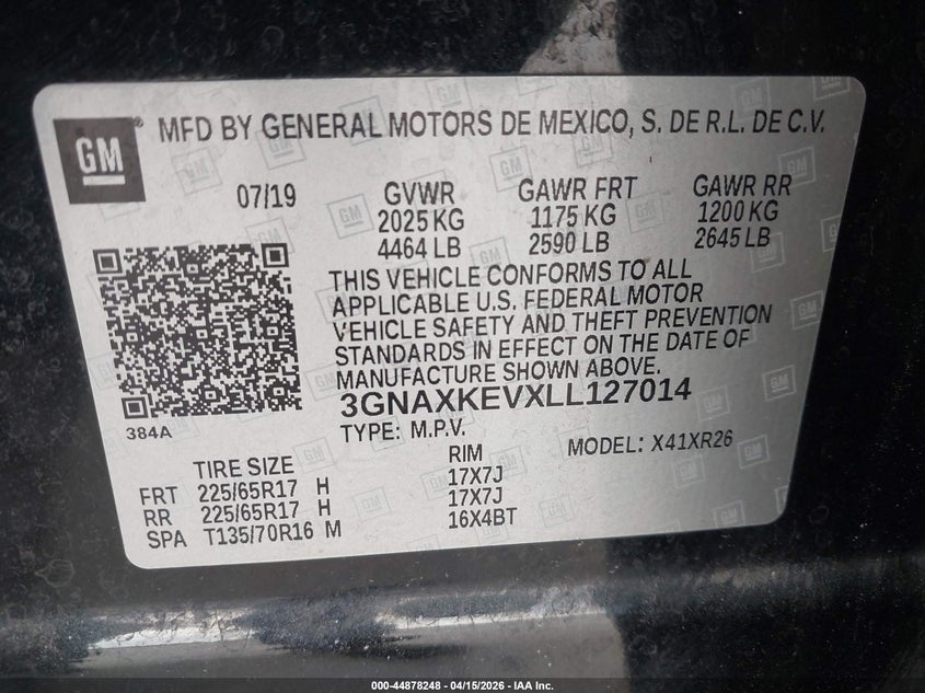 2020 Chevrolet Equinox Fwd Lt 1.5L Turbo VIN: 3GNAXKEVXLL127014 Lot: 44878248