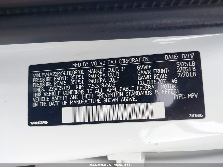 2018 Volvo Xc60 T6 Momentum VIN: YV4A22RK4J1009100 Lot: 44878247