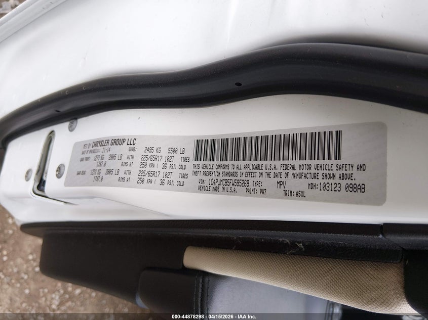 2015 Jeep Cherokee Latitude VIN: 1C4PJMCB5FW595269 Lot: 44878298