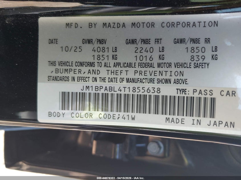 2026 Mazda Mazda3 2.5 S Select Sport VIN: JM1BPABL4T1855638 Lot: 44878303