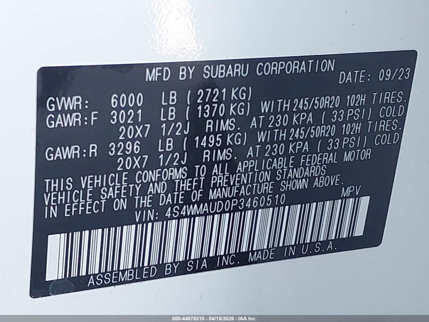 2023 Subaru Ascent Limited 7-Passenger VIN: 4S4WMAUD0P3460510 Lot: 44878310