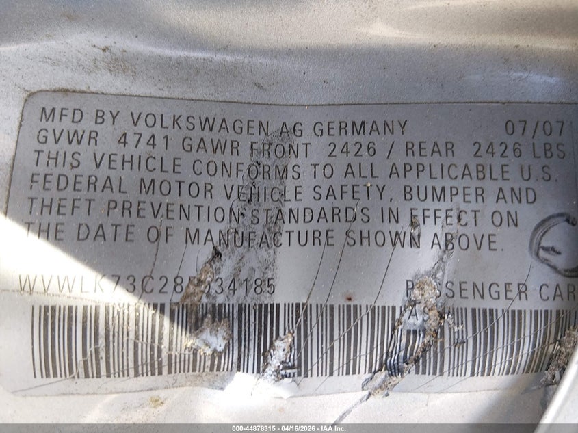 2008 Volkswagen Passat Komfort VIN: WVWLK73C28E034185 Lot: 44878315