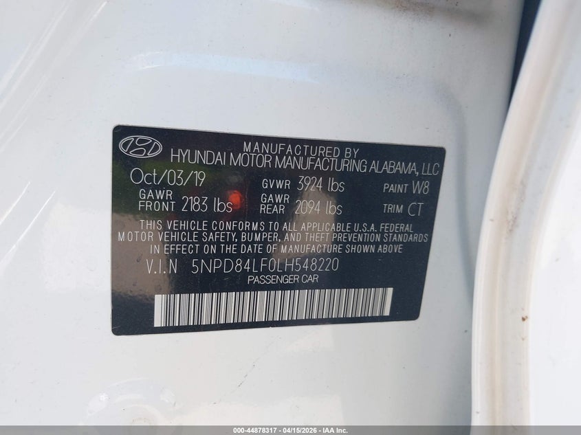 2020 Hyundai Elantra Sel VIN: 5NPD84LF0LH548220 Lot: 44878317