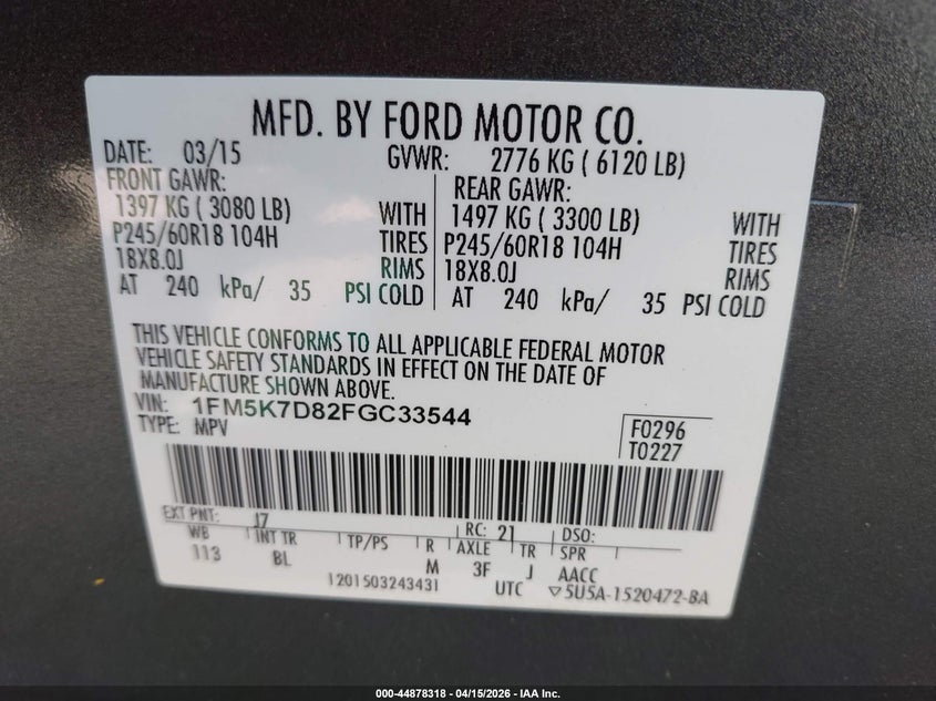 2015 Ford Explorer Xlt VIN: 1FM5K7D82FGC33544 Lot: 44878318