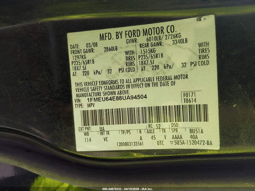 2008 Ford Explorer Eddie Bauer VIN: 1FMEU64E88UA94504 Lot: 44878332