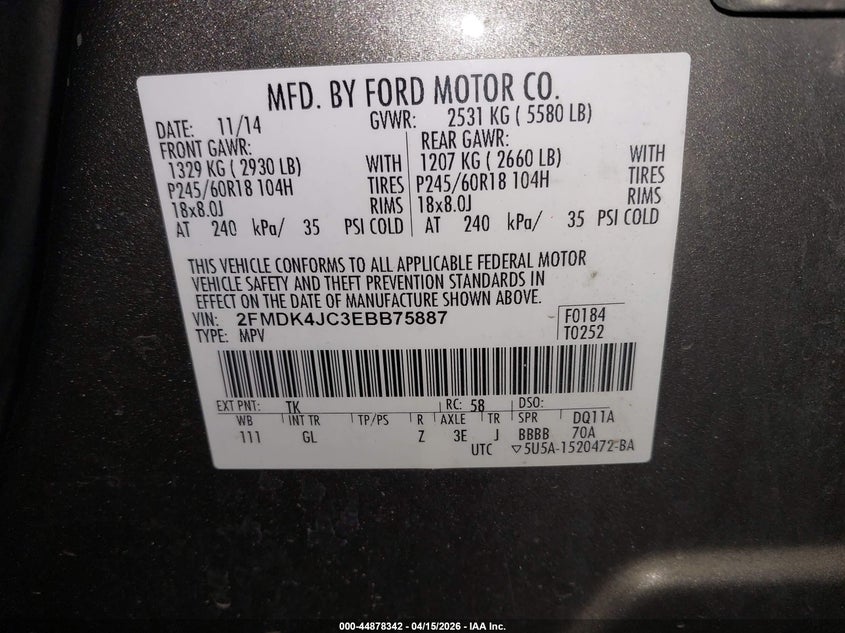 2014 Ford Edge Sel VIN: 2FMDK4JC3EBB75887 Lot: 44878342