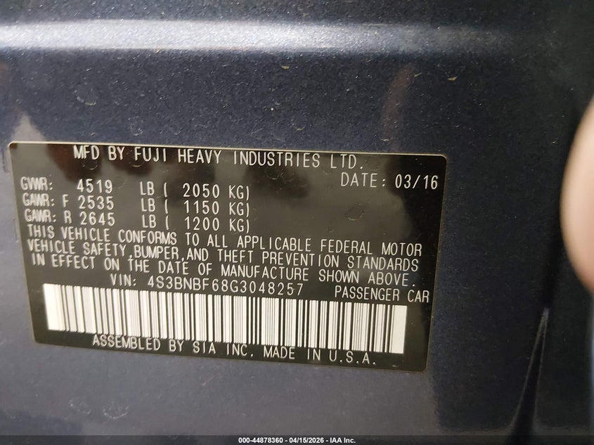 2016 Subaru Legacy 2.5I Premium VIN: 4S3BNBF68G3048257 Lot: 44878360