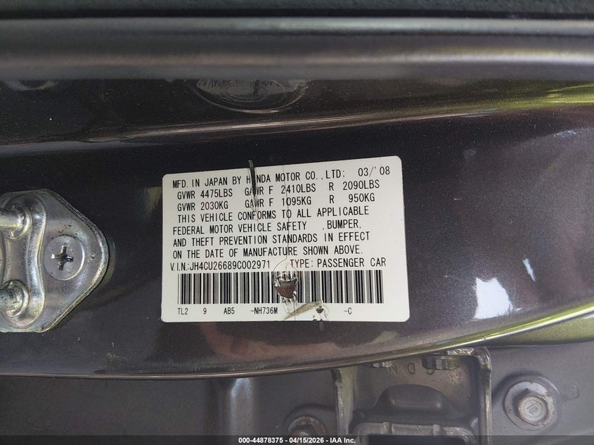 2009 Acura Tsx VIN: JH4CU26689C002971 Lot: 44878375