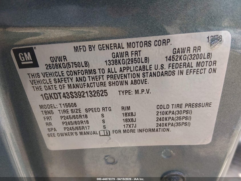 2009 GMC Envoy Slt VIN: 1GKDT43S392132625 Lot: 44878379