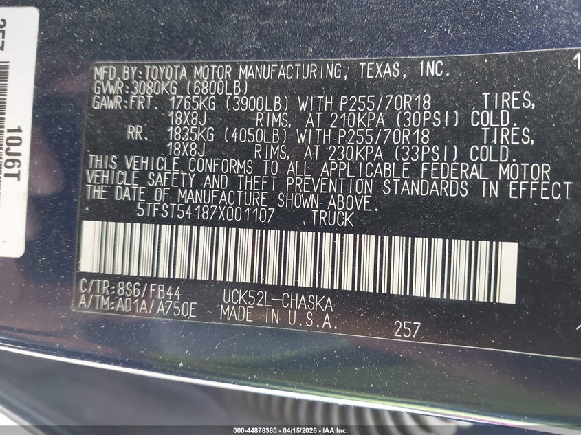 2007 Toyota Tundra Sr5 4.7L V8 VIN: 5TFST54187X001107 Lot: 44878380
