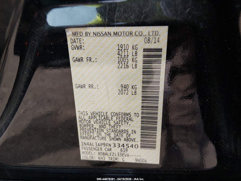 2015 Nissan Altima 2.5 S VIN: 1N4AL3AP9FN334540 Lot: 44878391