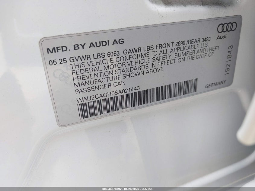 2025 Audi A6 E-Tron Premium Plus VIN: WAU2CAGH0SA021443 Lot: 44878392
