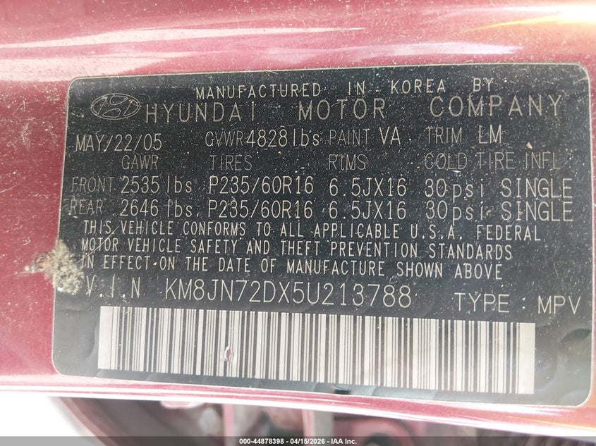 2005 Hyundai Tucson Gls/Lx VIN: KM8JN72DX5U213788 Lot: 44878398