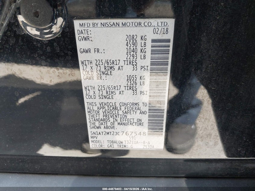 2018 Nissan Rogue Sv VIN: 5N1AT2MT2JC767548 Lot: 44878403