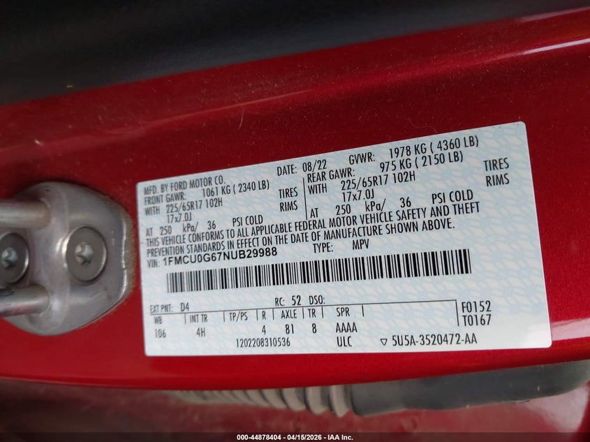 2022 Ford Escape Se VIN: 1FMCU0G67NUB29988 Lot: 44878404