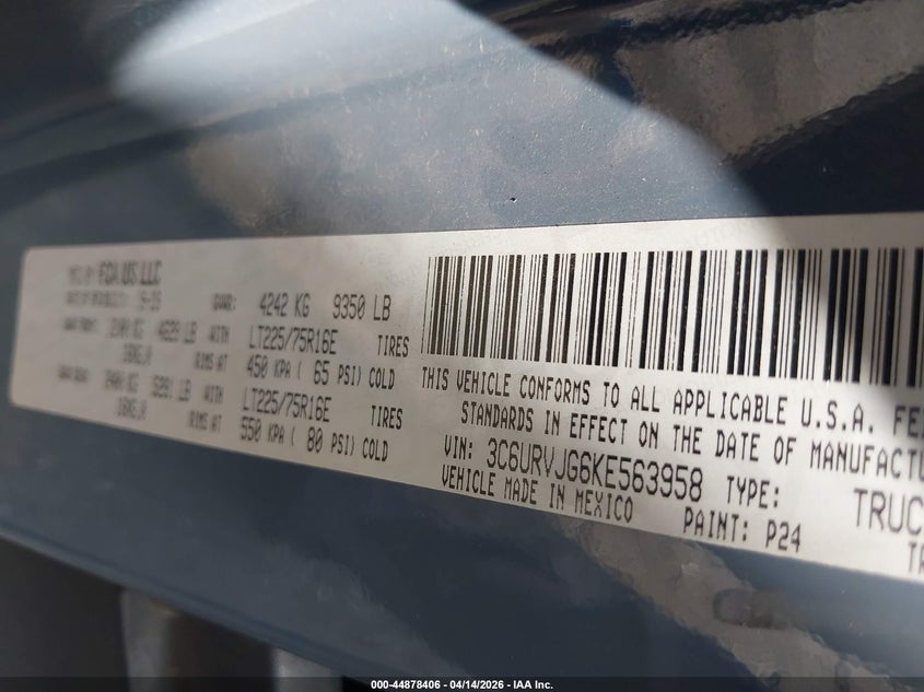 2019 Ram Promaster 3500 Cargo Van High Roof 159 Wb Ext VIN: 3C6URVJG6KE563958 Lot: 44878406