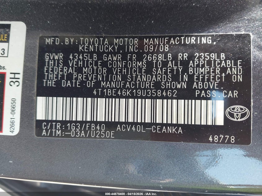 2009 Toyota Camry Le VIN: 4T1BE46K19U358462 Lot: 44878408