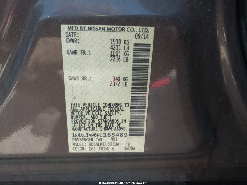 2015 Nissan Altima 2.5 Sv VIN: 1N4AL3AP6FC165489 Lot: 44878431