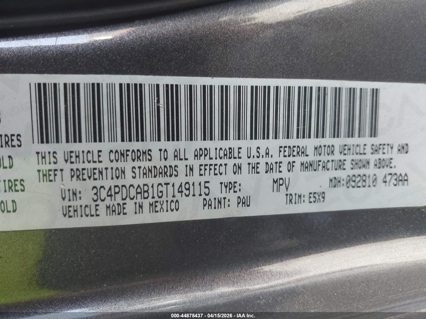 2016 Dodge Journey Se VIN: 3C4PDCAB1GT149115 Lot: 44878437